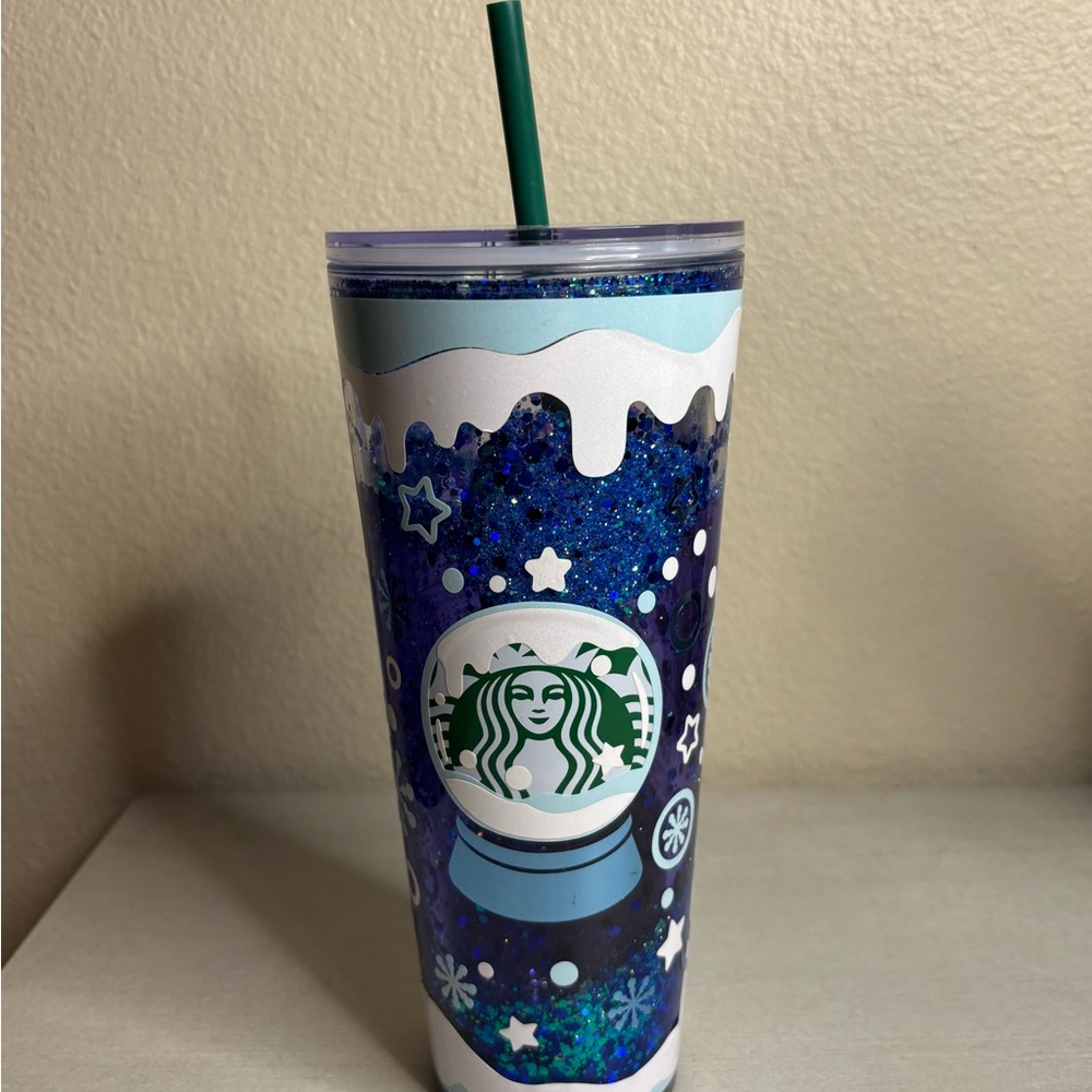 Starbucks Blue Glitter Tumbler with Straw snow globe